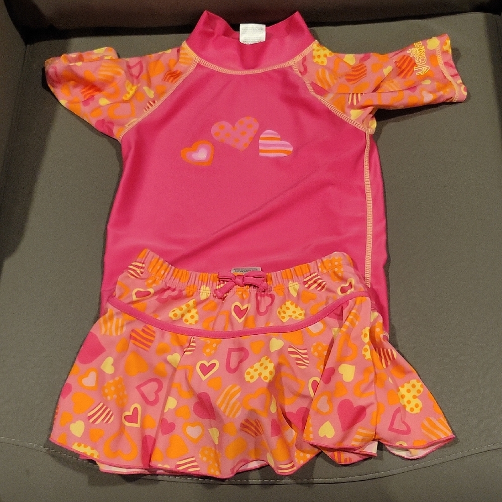 Girls' Pink Heart Rashguard Swim Set with Skirt